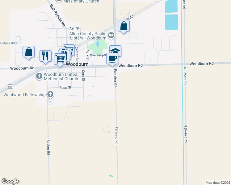 map of restaurants, bars, coffee shops, grocery stores, and more near 4080-4344 Fahlsing Road in Woodburn