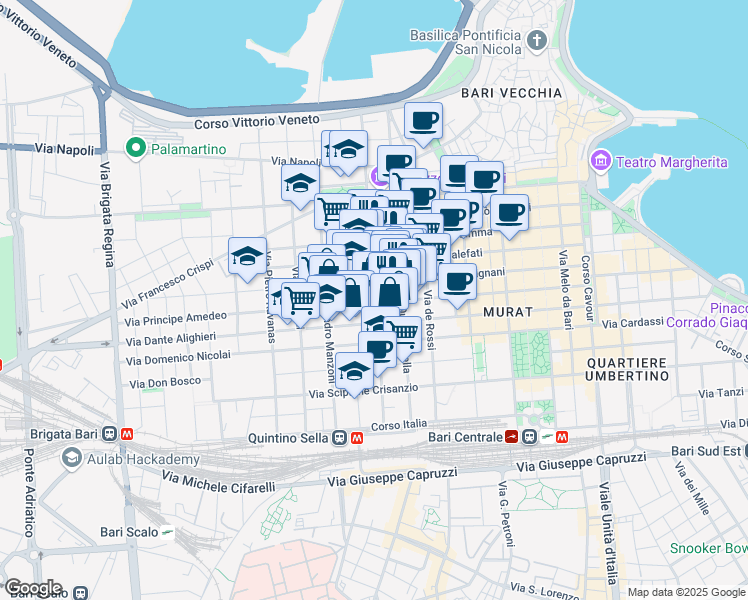 map of restaurants, bars, coffee shops, grocery stores, and more near 61-85 Via Sagarriga Visconti in Bari