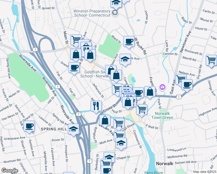 map of restaurants, bars, coffee shops, grocery stores, and more near 4 Godfrey Street in Norwalk