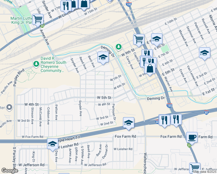 map of restaurants, bars, coffee shops, grocery stores, and more near 578 West 6th Street in Cheyenne