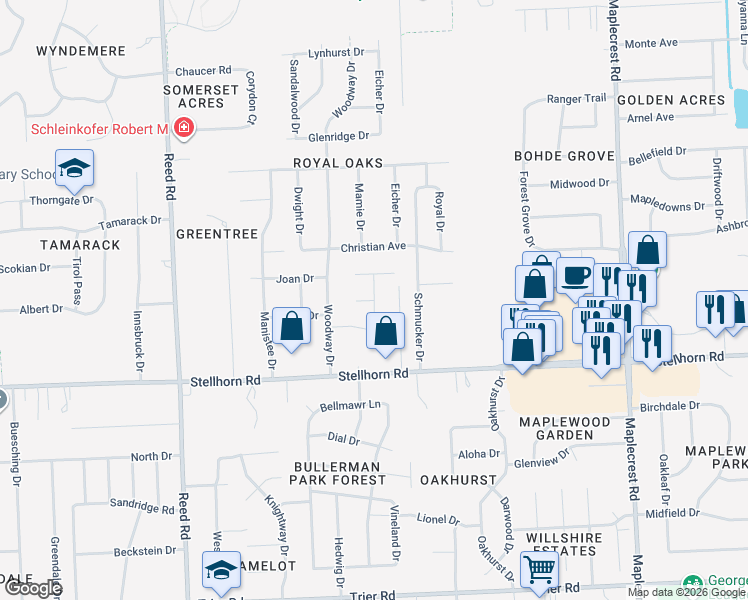 map of restaurants, bars, coffee shops, grocery stores, and more near 4701 Dutchess Lane in Fort Wayne