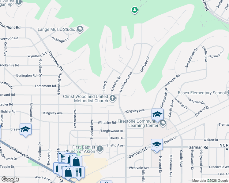 map of restaurants, bars, coffee shops, grocery stores, and more near 460 Treeside Drive in Akron