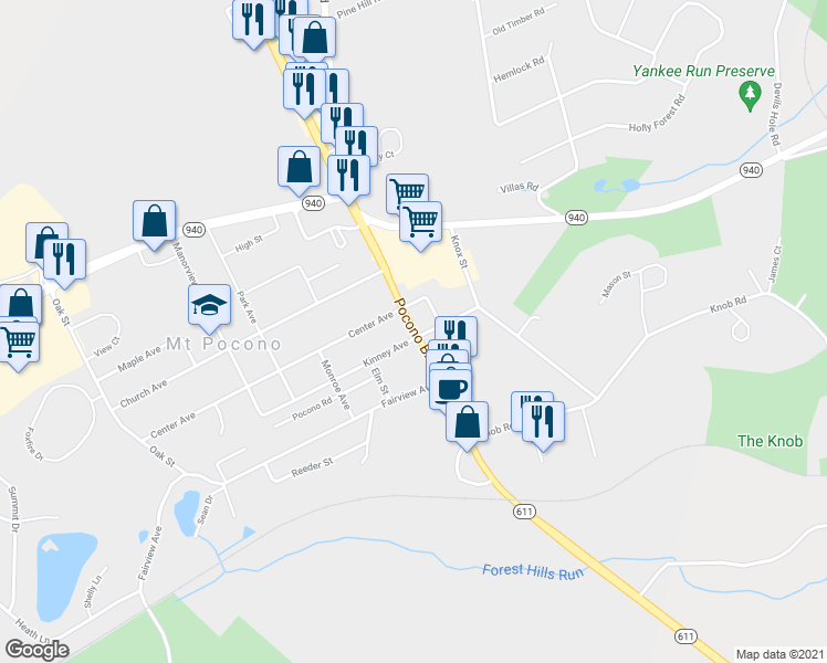 map of restaurants, bars, coffee shops, grocery stores, and more near 202 Pocono Boulevard in Mount Pocono