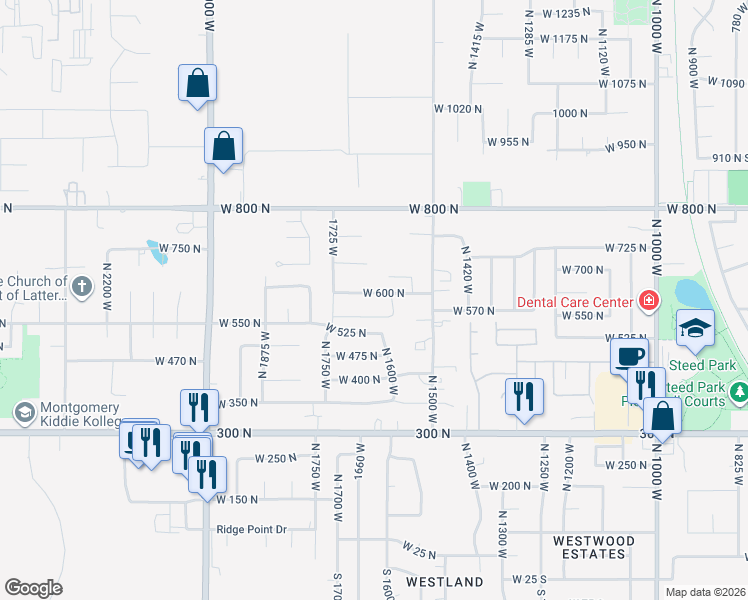 map of restaurants, bars, coffee shops, grocery stores, and more near 1639 West 600 North in Clinton