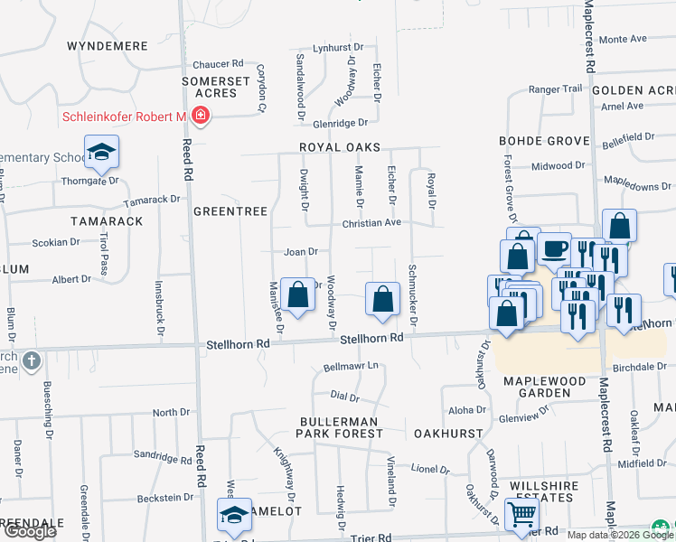 map of restaurants, bars, coffee shops, grocery stores, and more near 4618 Woodway Drive in Fort Wayne