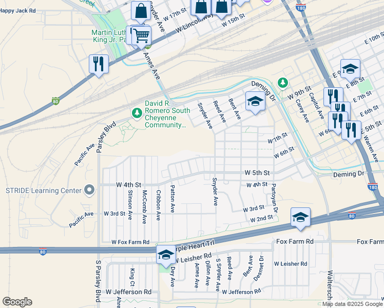 map of restaurants, bars, coffee shops, grocery stores, and more near 966 West 6th Street in Cheyenne
