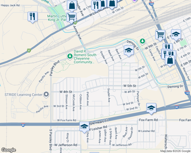 map of restaurants, bars, coffee shops, grocery stores, and more near 966 West 6th Street in Cheyenne