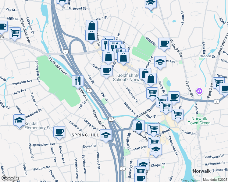 map of restaurants, bars, coffee shops, grocery stores, and more near 18 Lounsbury Avenue in Norwalk