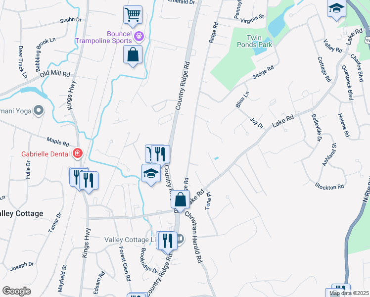 map of restaurants, bars, coffee shops, grocery stores, and more near 162 Ridge Road in Valley Cottage