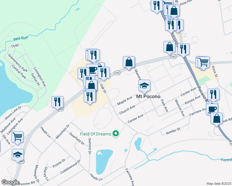 map of restaurants, bars, coffee shops, grocery stores, and more near 399 Oak Street in Mount Pocono