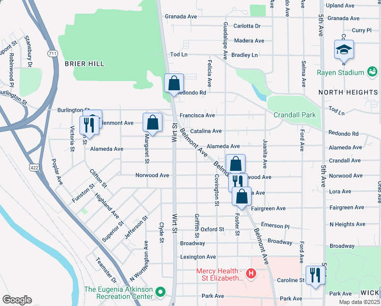 map of restaurants, bars, coffee shops, grocery stores, and more near 755 Alameda Avenue in Youngstown