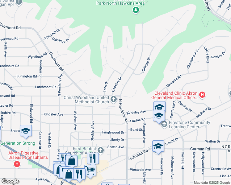 map of restaurants, bars, coffee shops, grocery stores, and more near 460 Treeside Drive in Akron
