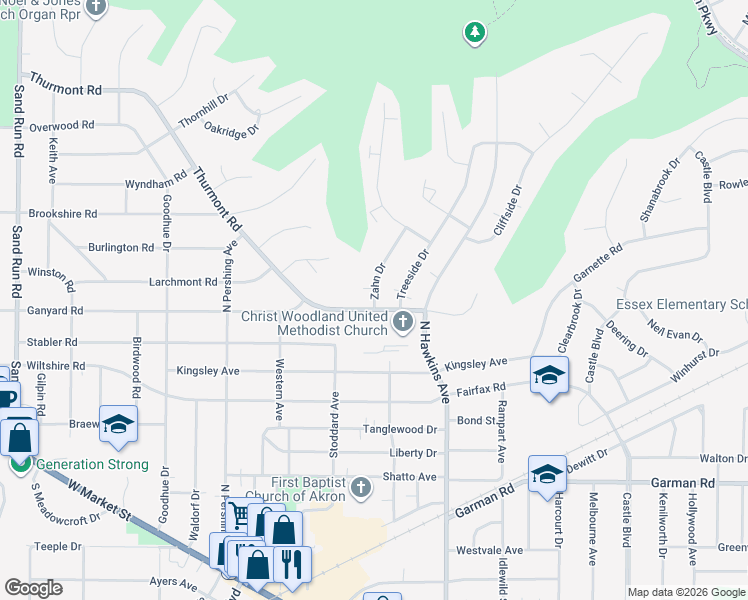 map of restaurants, bars, coffee shops, grocery stores, and more near 10 Zahn Court in Akron