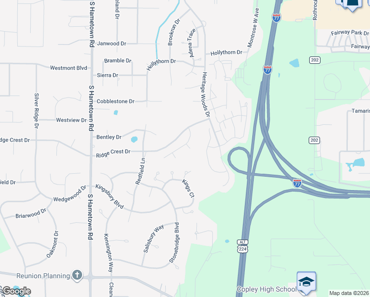 map of restaurants, bars, coffee shops, grocery stores, and more near 4127 Meadowcreek Lane in Akron
