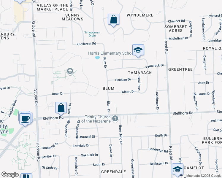 map of restaurants, bars, coffee shops, grocery stores, and more near 4740 Blum Drive in Fort Wayne