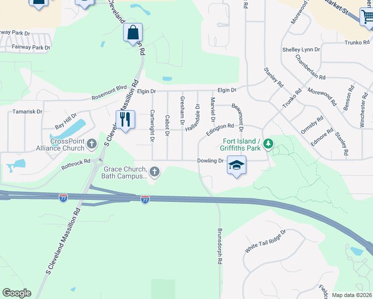 map of restaurants, bars, coffee shops, grocery stores, and more near 493 Gresham Drive in Fairlawn