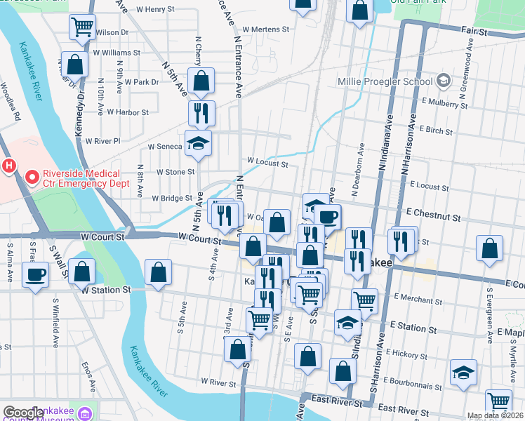 map of restaurants, bars, coffee shops, grocery stores, and more near 238 North Washington Avenue in Kankakee