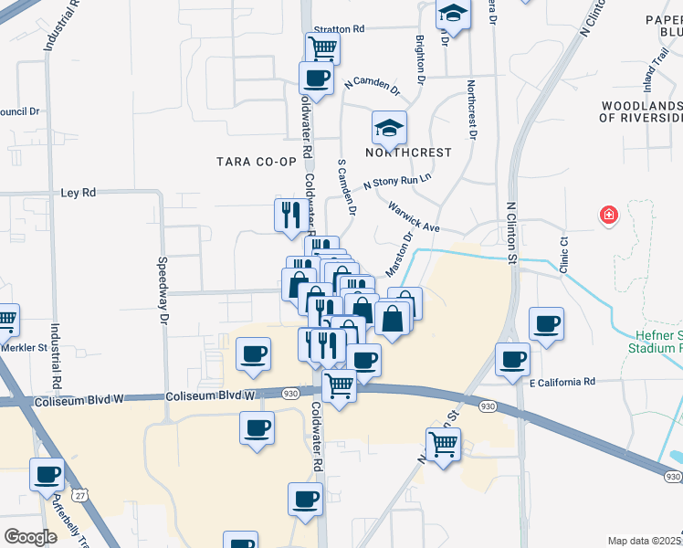 map of restaurants, bars, coffee shops, grocery stores, and more near 423 East Camden Drive in Fort Wayne