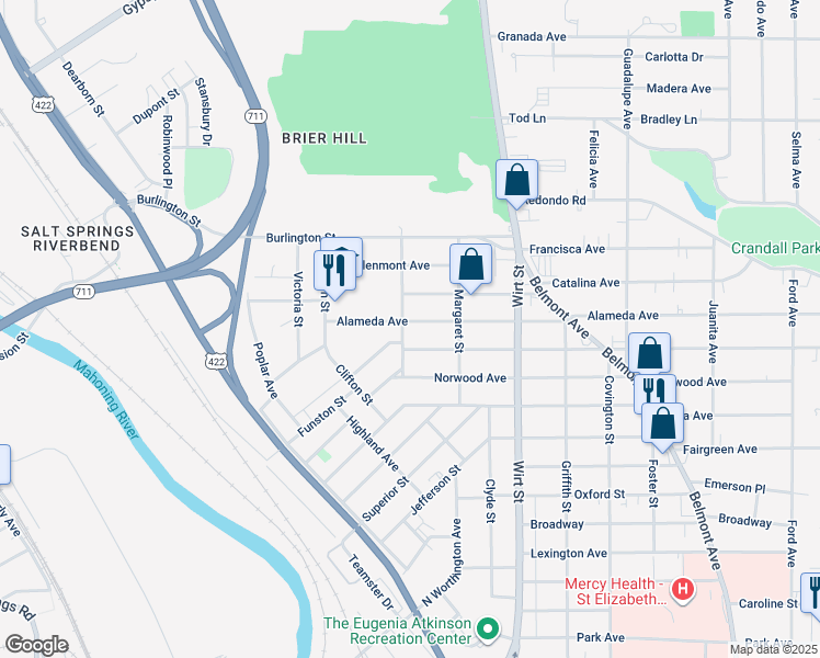 map of restaurants, bars, coffee shops, grocery stores, and more near 1055 Alameda Avenue in Youngstown