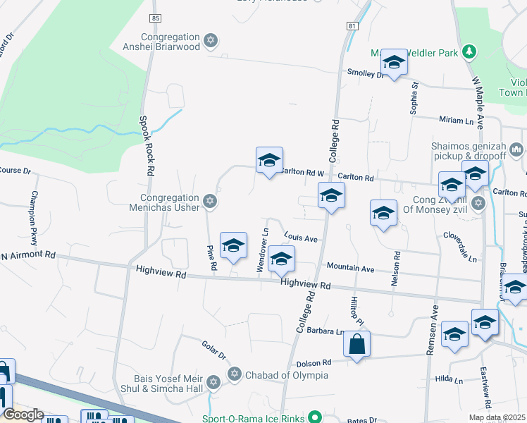 map of restaurants, bars, coffee shops, grocery stores, and more near 16 Louis Avenue in Monsey