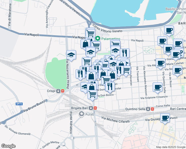 map of restaurants, bars, coffee shops, grocery stores, and more near 6 Via Tommaso Porcelli in Bari
