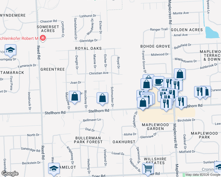 map of restaurants, bars, coffee shops, grocery stores, and more near 4633 Schmucker Drive in Fort Wayne