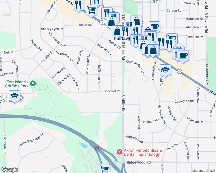 map of restaurants, bars, coffee shops, grocery stores, and more near 350 Kenridge Road in Fairlawn