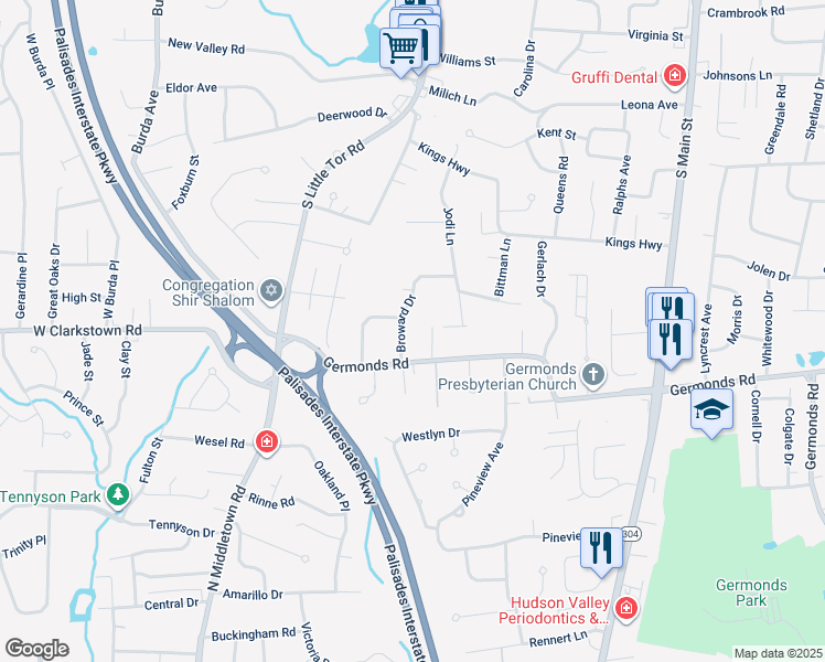 map of restaurants, bars, coffee shops, grocery stores, and more near 13 Broward Drive in New City