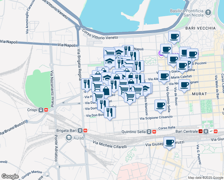 map of restaurants, bars, coffee shops, grocery stores, and more near 76 Via Giovanni Bovio in Bari