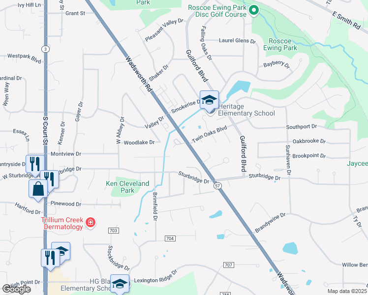 map of restaurants, bars, coffee shops, grocery stores, and more near 991 Wadsworth Road in Medina