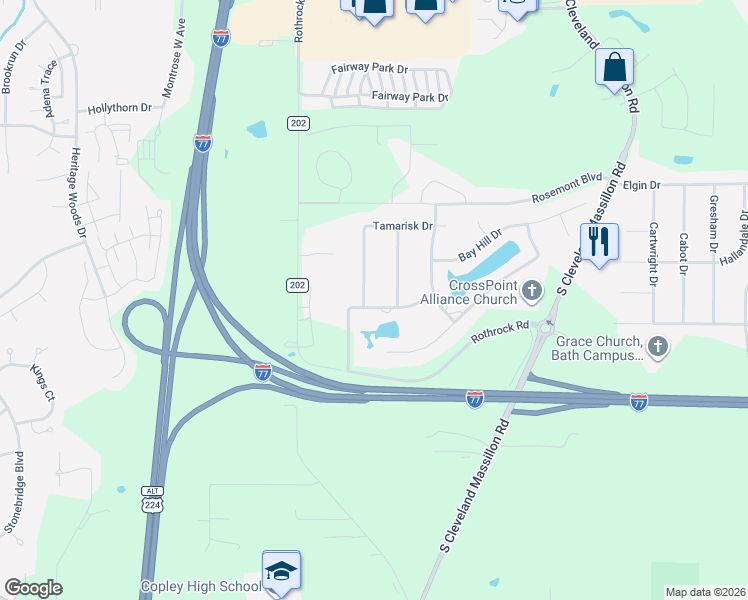 map of restaurants, bars, coffee shops, grocery stores, and more near 499 Sawgrass Dr in Akron