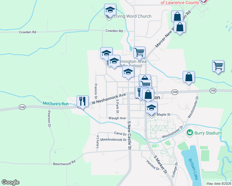 map of restaurants, bars, coffee shops, grocery stores, and more near 330 West Neshannock Avenue in New Wilmington