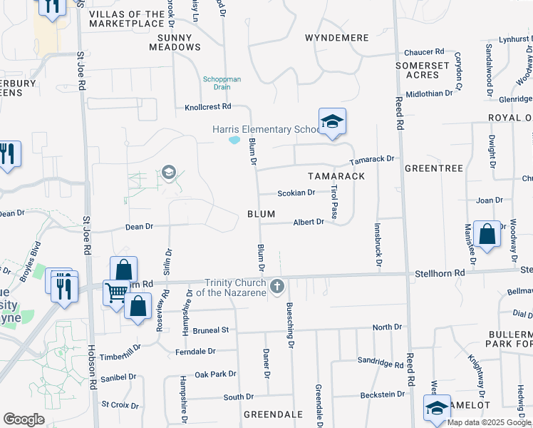 map of restaurants, bars, coffee shops, grocery stores, and more near 4740 Blum Drive in Fort Wayne