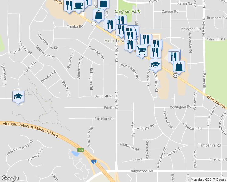 map of restaurants, bars, coffee shops, grocery stores, and more near 200 South Miller Road in Fairlawn