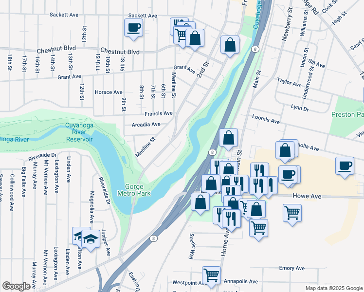 map of restaurants, bars, coffee shops, grocery stores, and more near 1381 Forest Glen Drive in Cuyahoga Falls