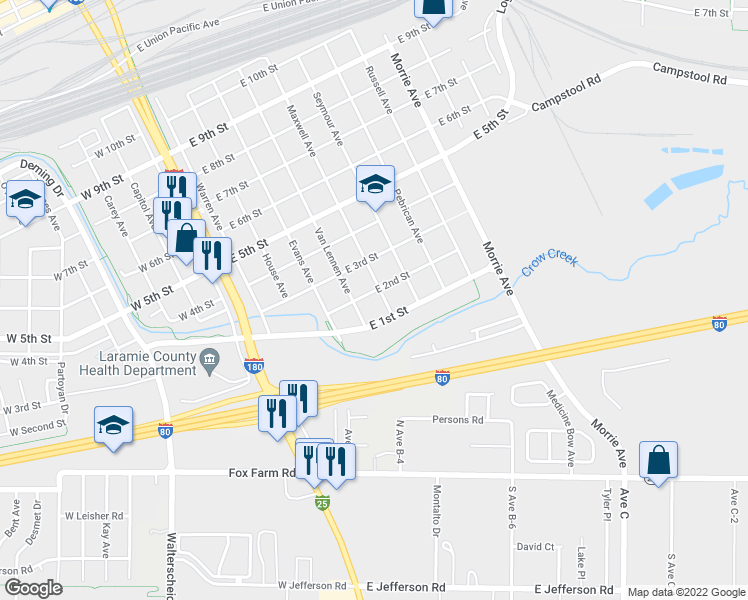 map of restaurants, bars, coffee shops, grocery stores, and more near 515 East 2nd Street in Cheyenne