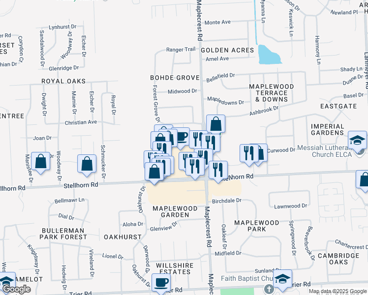 map of restaurants, bars, coffee shops, grocery stores, and more near 6119 Stellhorn Road in Fort Wayne