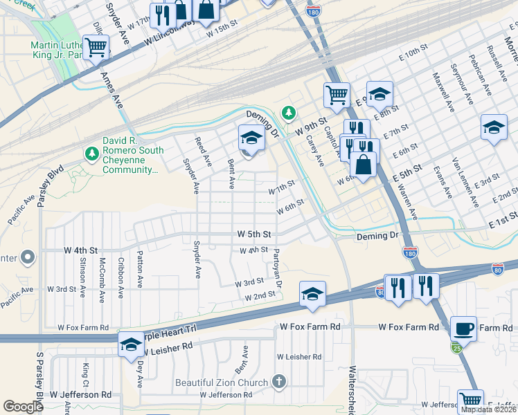map of restaurants, bars, coffee shops, grocery stores, and more near 603 O Neil Avenue in Cheyenne