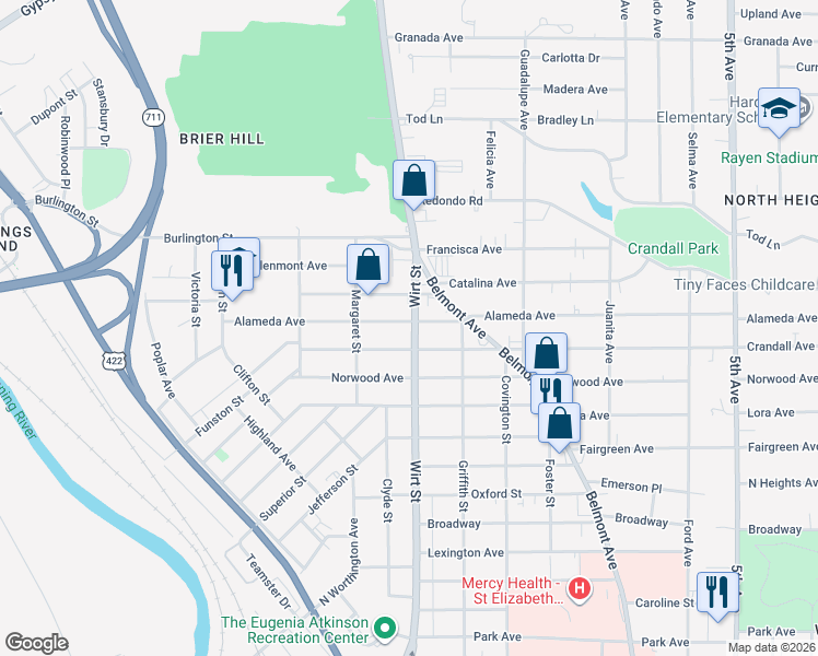map of restaurants, bars, coffee shops, grocery stores, and more near 903 Alameda Avenue in Youngstown