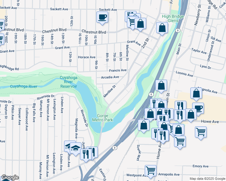 map of restaurants, bars, coffee shops, grocery stores, and more near 1333 Meriline St in Cuyahoga Falls