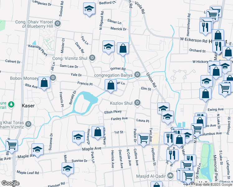 map of restaurants, bars, coffee shops, grocery stores, and more near 79 Francis Place in Spring Valley