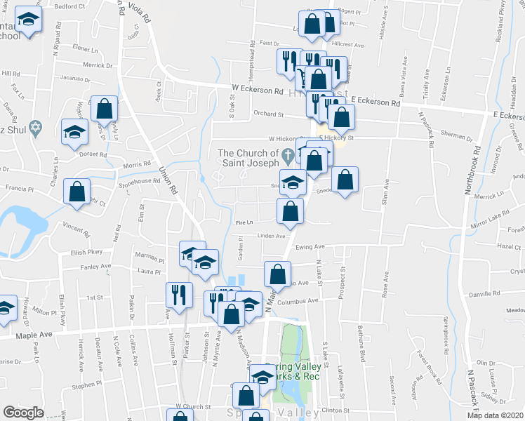 map of restaurants, bars, coffee shops, grocery stores, and more near 253 Sneden Place West in Spring Valley