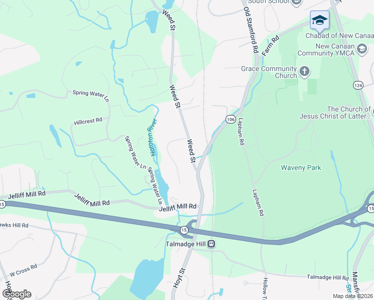 map of restaurants, bars, coffee shops, grocery stores, and more near 44 Weed Street in New Canaan