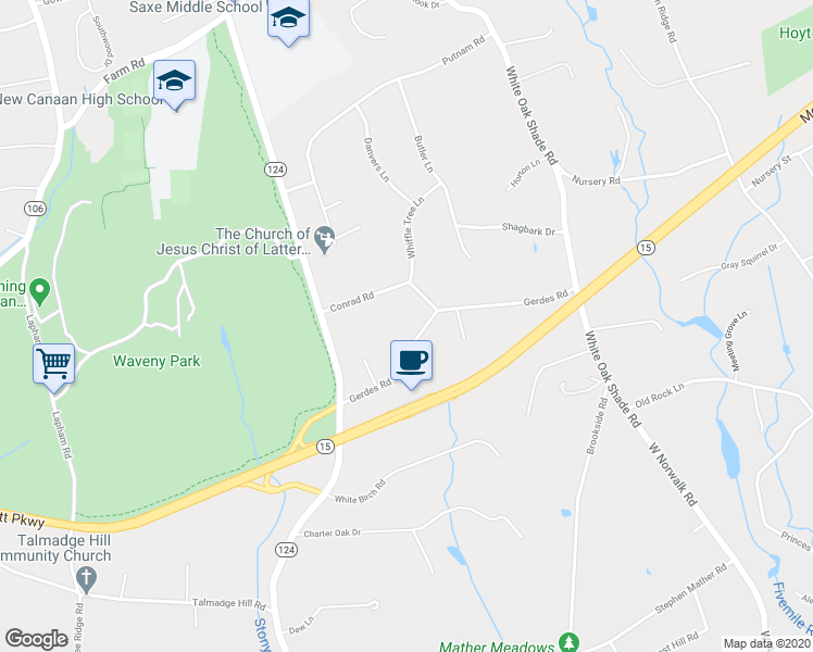 map of restaurants, bars, coffee shops, grocery stores, and more near 92 Gerdes Road in New Canaan