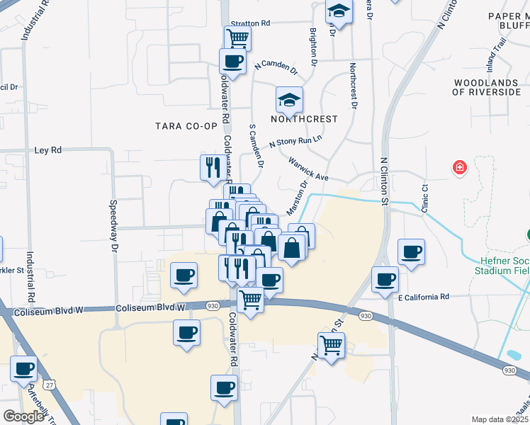 map of restaurants, bars, coffee shops, grocery stores, and more near 423 East Camden Drive in Fort Wayne