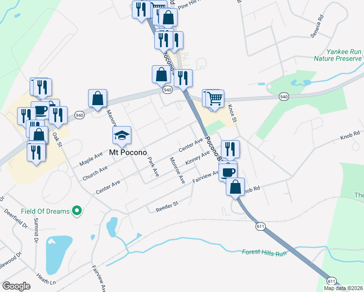 map of restaurants, bars, coffee shops, grocery stores, and more near 26 Center Ave in Mt Pocono