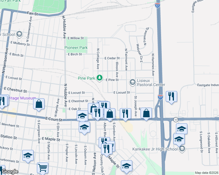 map of restaurants, bars, coffee shops, grocery stores, and more near 342 Industrial Avenue in Kankakee