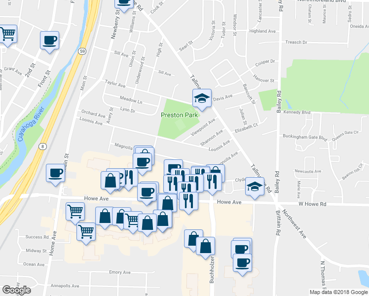 map of restaurants, bars, coffee shops, grocery stores, and more near 606 Loomis Avenue in Cuyahoga Falls