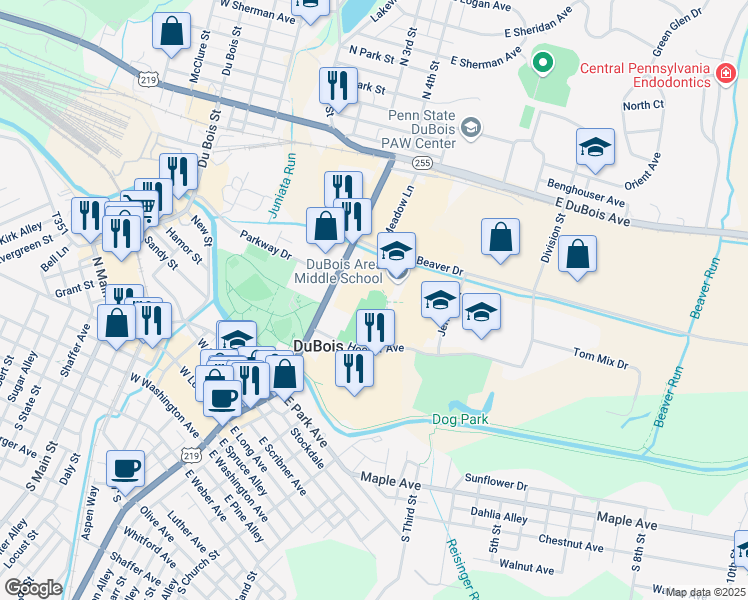 map of restaurants, bars, coffee shops, grocery stores, and more near 404 Liberty Boulevard in DuBois