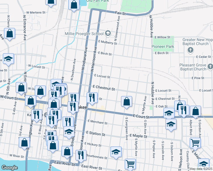 map of restaurants, bars, coffee shops, grocery stores, and more near 317 North Greenwood Avenue in Kankakee